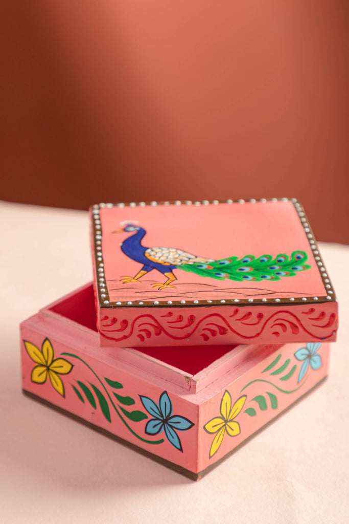 Hand Painted Peacock Pink Cube Shaped Mango Wood Box | Birch&Yarn