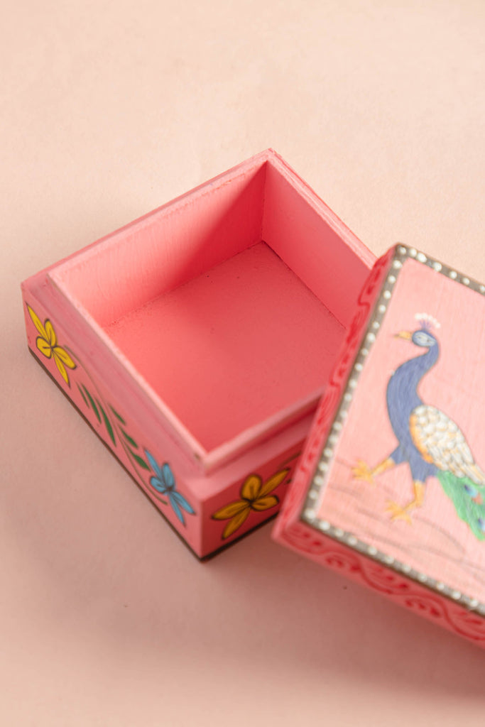 Hand Painted Peacock Pink Cube Shaped Mango Wood Box | Birch&Yarn