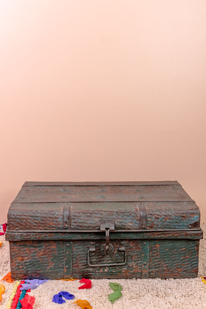 Rusted Cadet Blue Vintage Iron Trunk