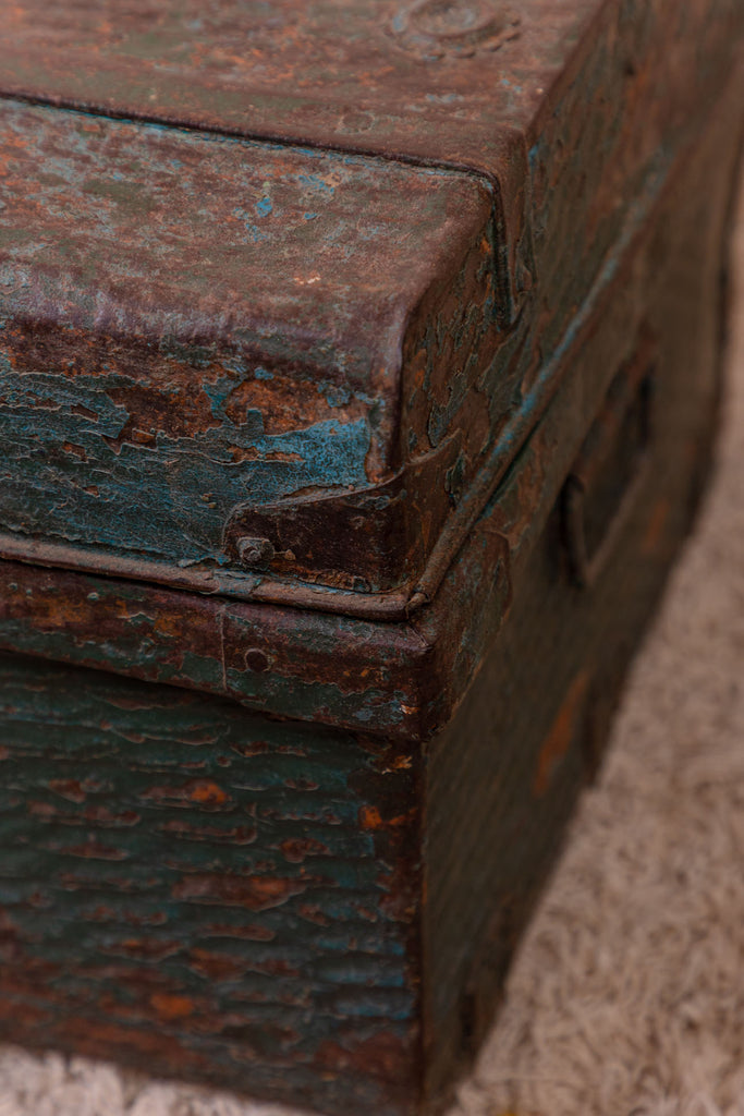 Rusted Cadet Blue Vintage Iron Trunk