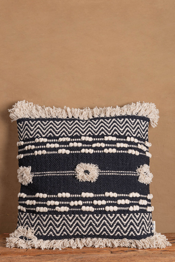Hand Embroidered White & Black Cotton Cushion Cover | Birch&Yarn