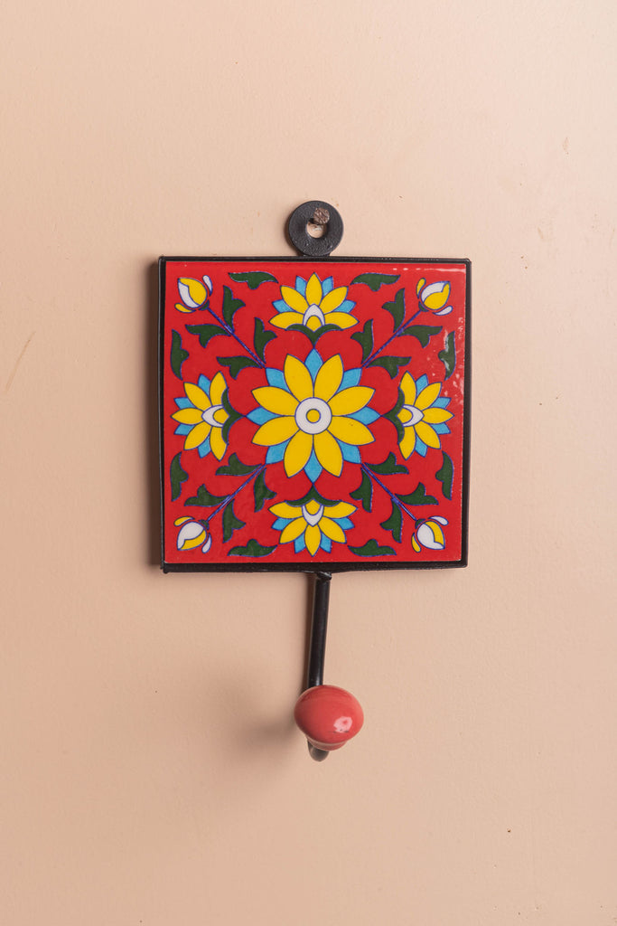 Red Floral Pottery Ceramic Tile Hook