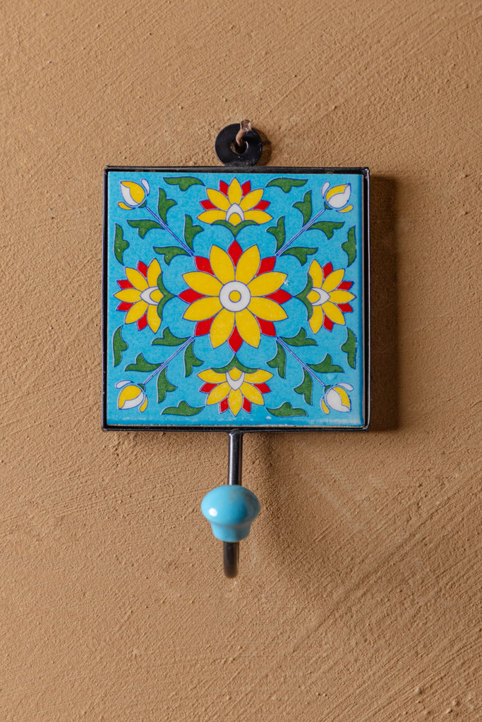 Turquoise Floral Pottery Ceramic Tile Hook 