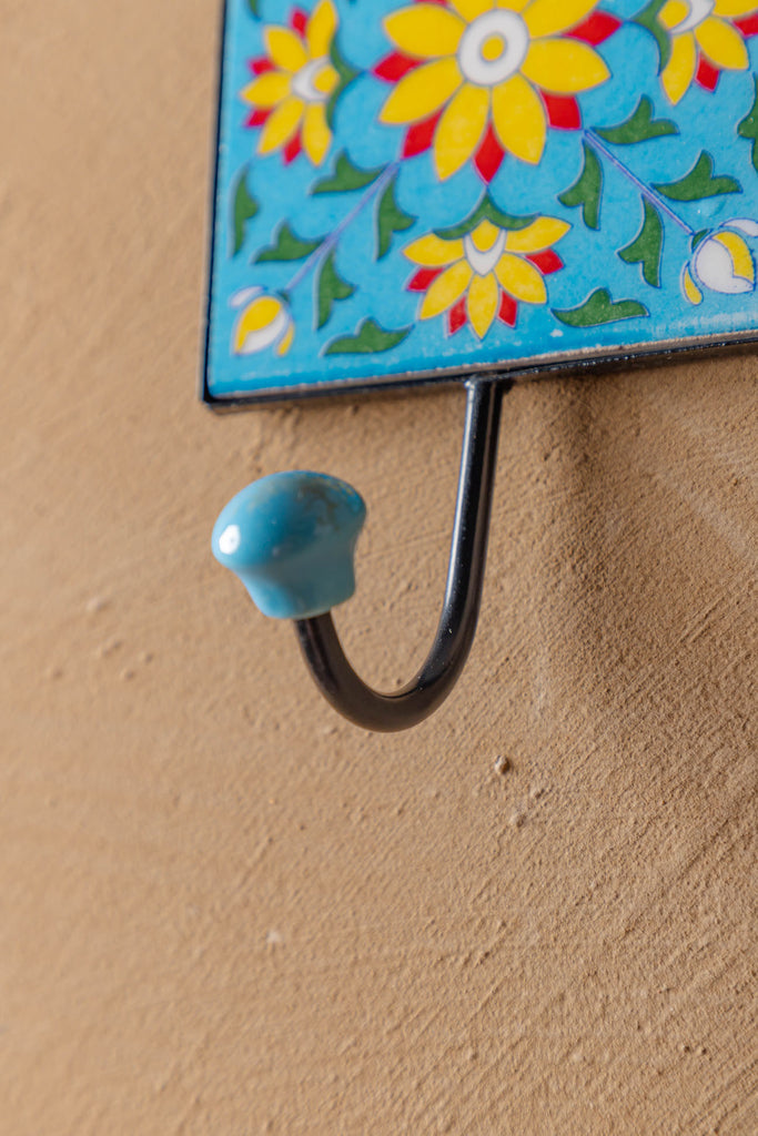 Turquoise Floral Pottery Ceramic Tile Hook 