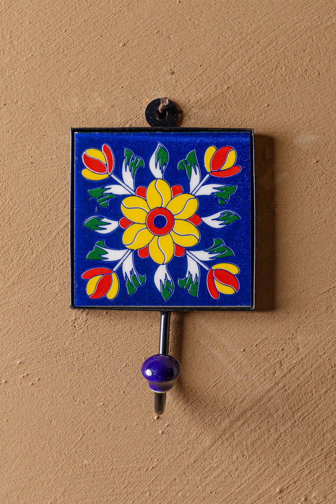 Indigo Floral Pottery Ceramic Tile Hook