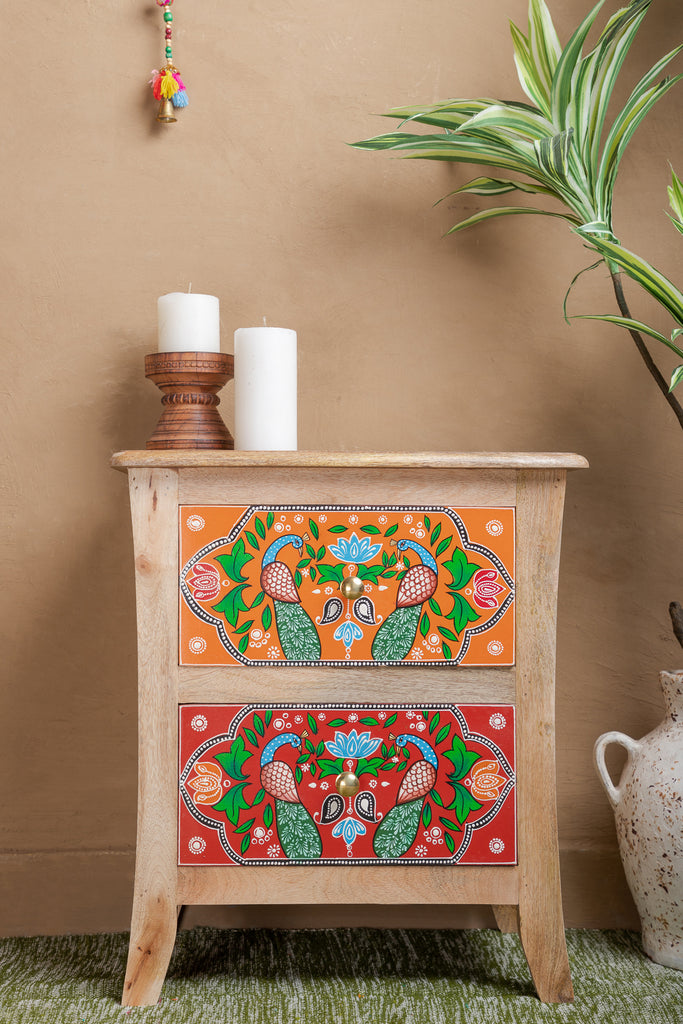 Natural Peacock Hand Painted Bedside Cabinet with 2 Drawers