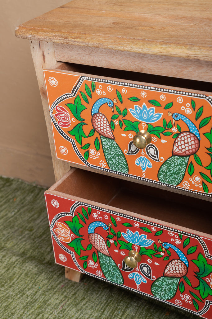 Natural Peacock Hand Painted Bedside Cabinet with 2 Drawers