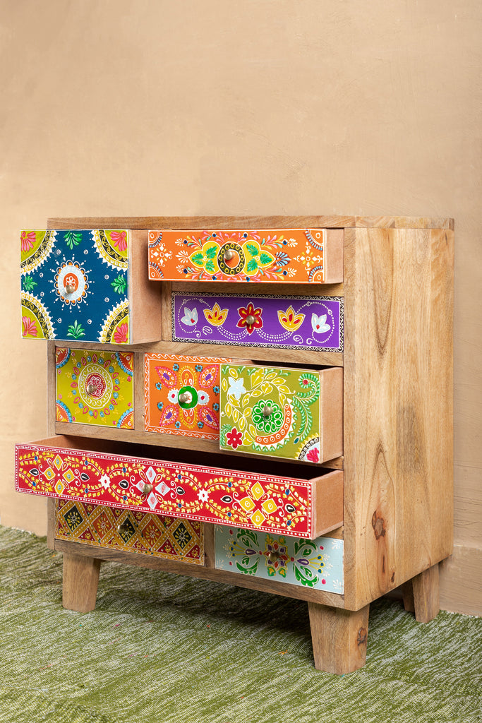 Natural Hand Painted Cabinet with 9 Drawers