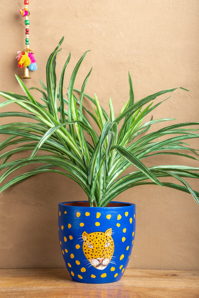 Yellow Tiger Painted Blue Planter - Small
