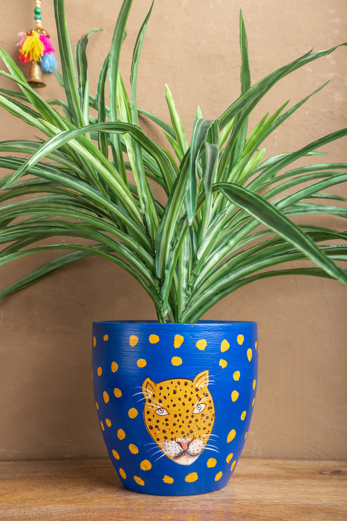 Yellow Tiger Painted Blue Planter - Small
