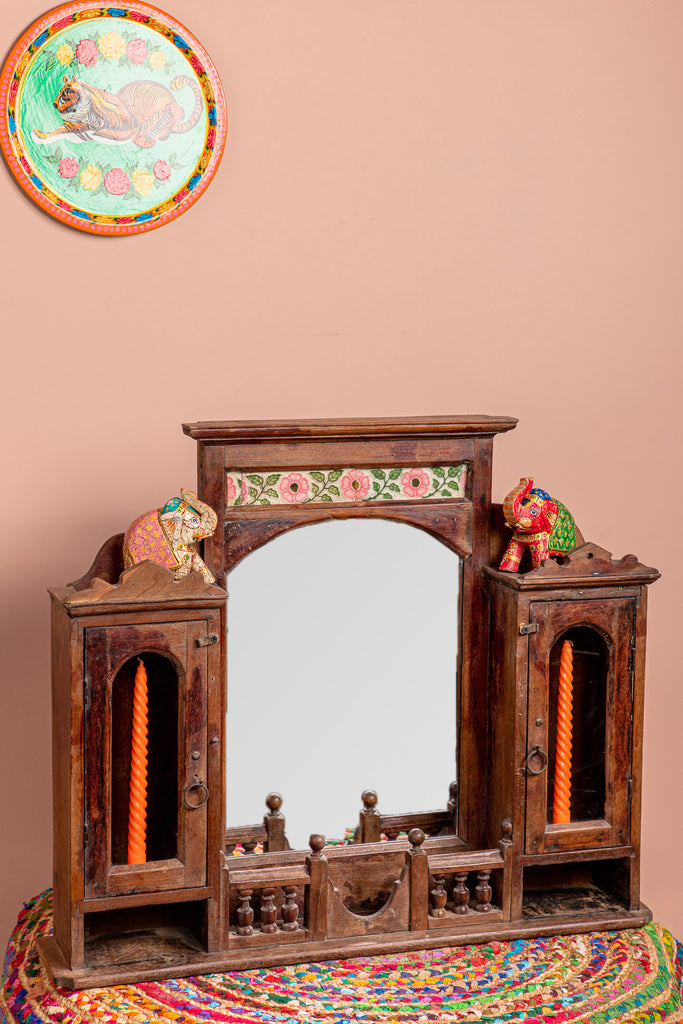 Brown Vintage Wooden Mirror with Showcase