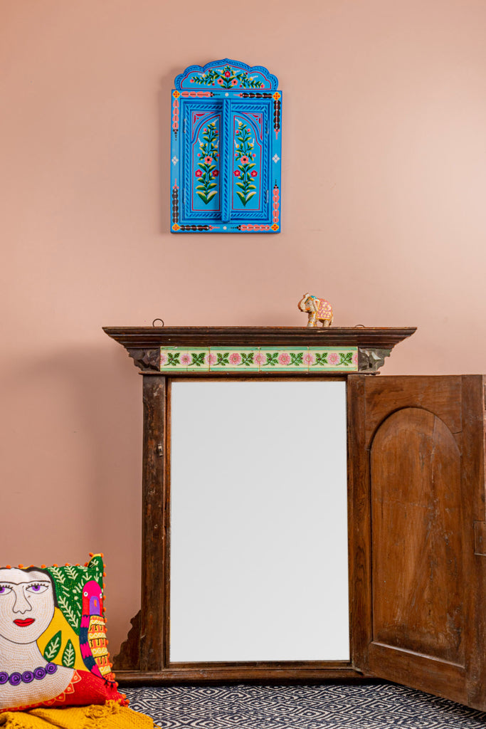 Vintage Shuttered Wooden Mirror with Ceramic Tiles
