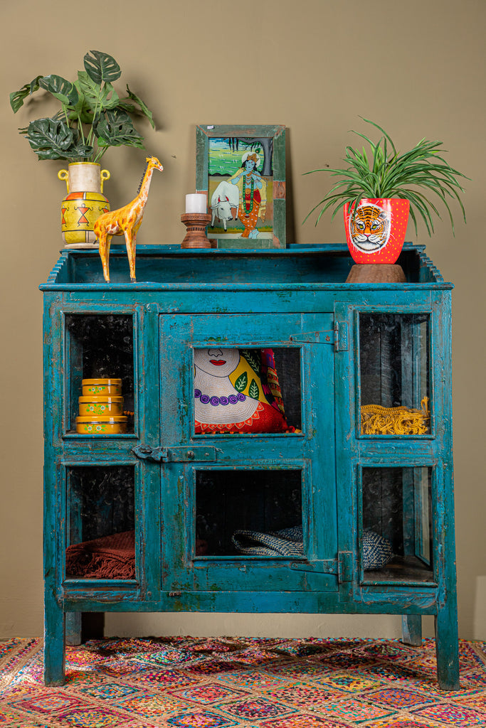 Vintage Blue Wooden Display Cabinet with Tray