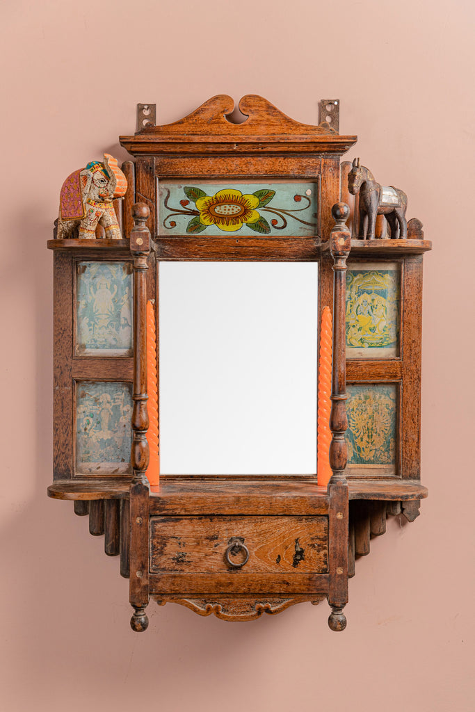Vintage Wooden Mirror with Glass Paintings