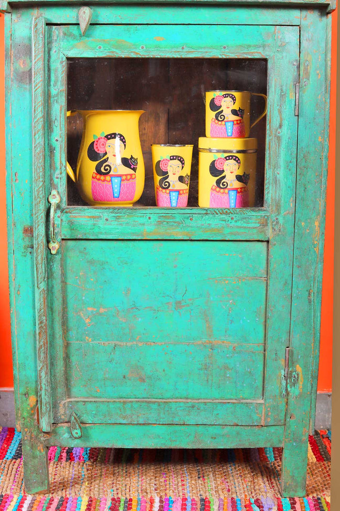 Green Single Door Vintage Cabinet with Showcase