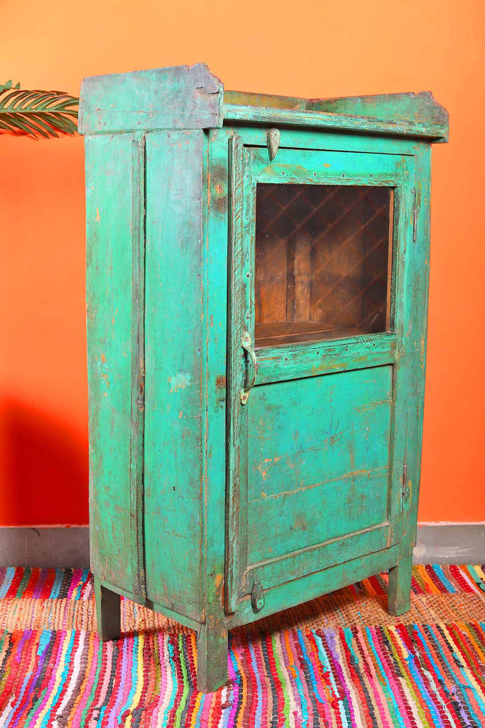 Green Single Door Vintage Cabinet with Showcase