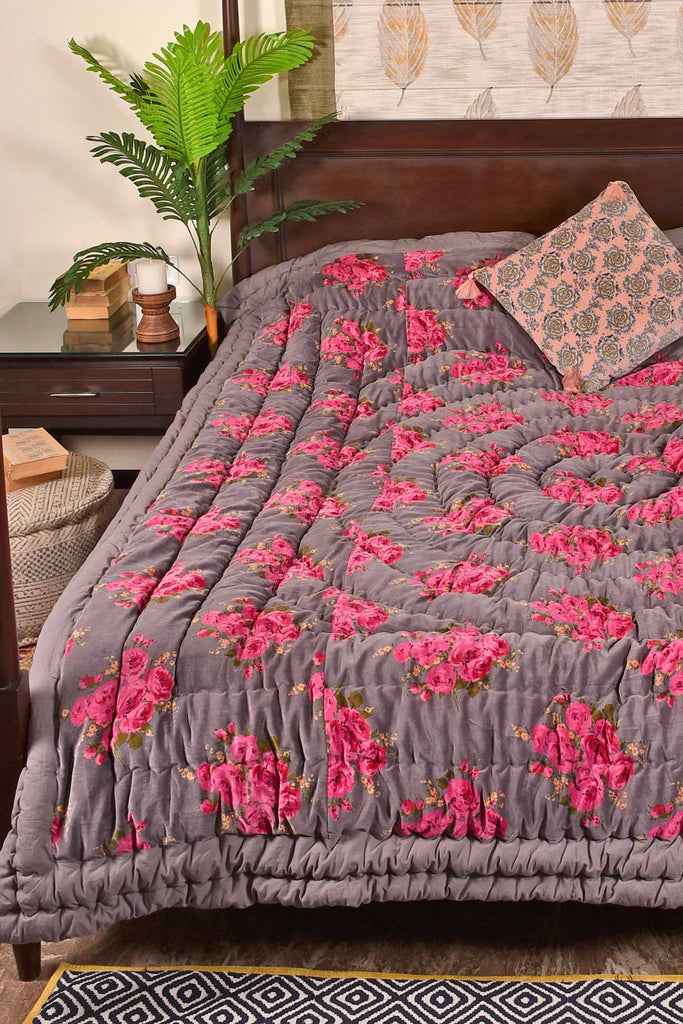 Slate Grey Hand-Quilted Floral Cotton Velvet Quilt