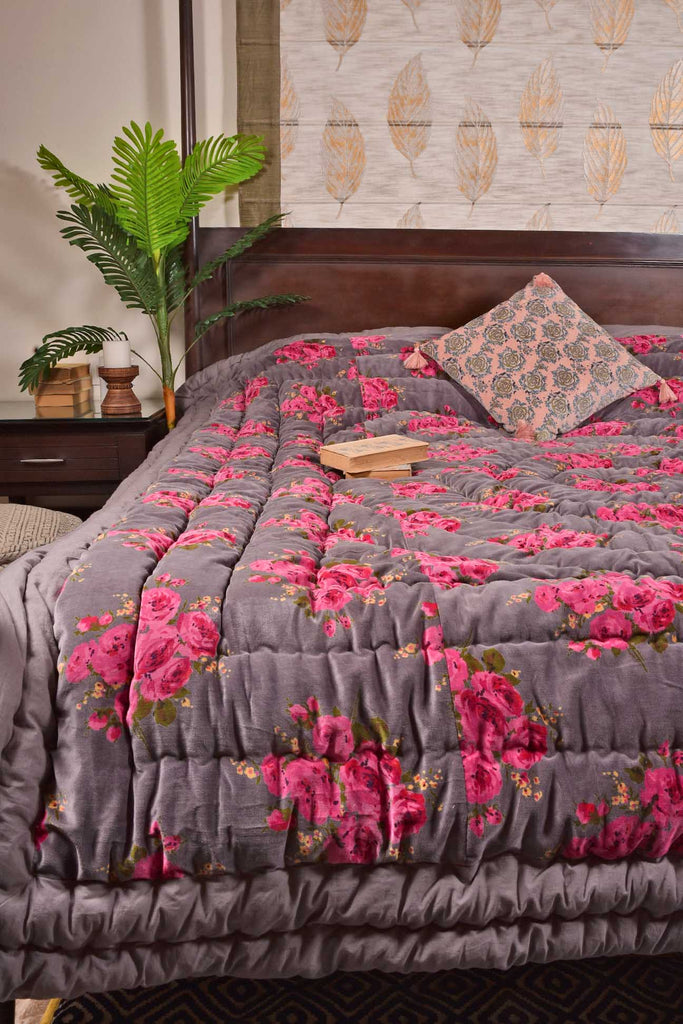 Slate Grey Hand-Quilted Floral Cotton Velvet Quilt
