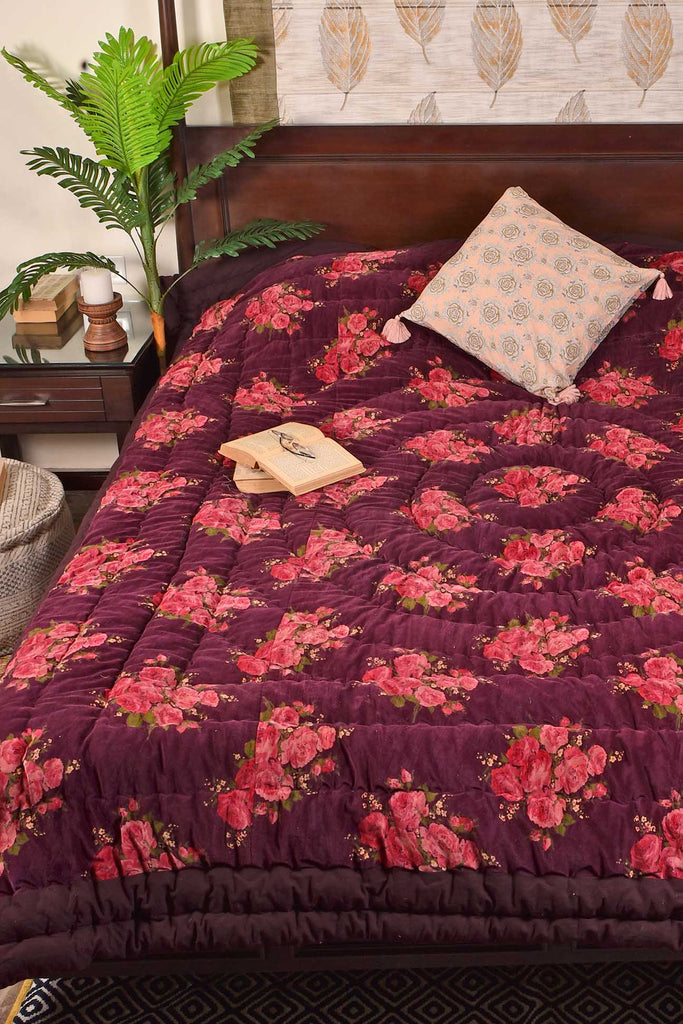 Vermilion Hand-Quilted Floral Cotton Velvet Quilt