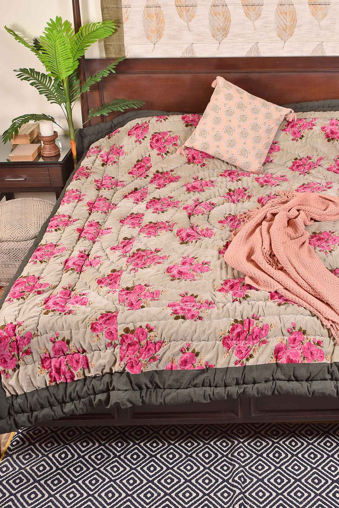 Ice Grey Hand-Quilted Floral Cotton Velvet Quilt