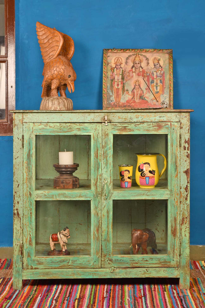 Rustic Green Antique Two Door Cabinet with Showcase