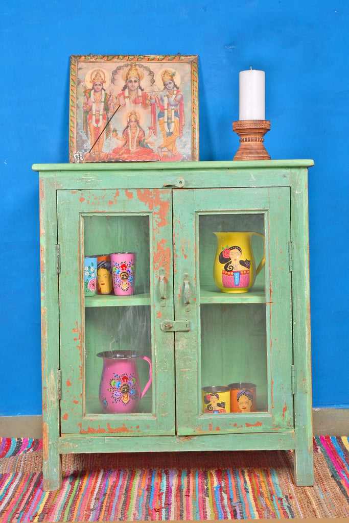 Two Door Green Vintage Cabinet with Showcase