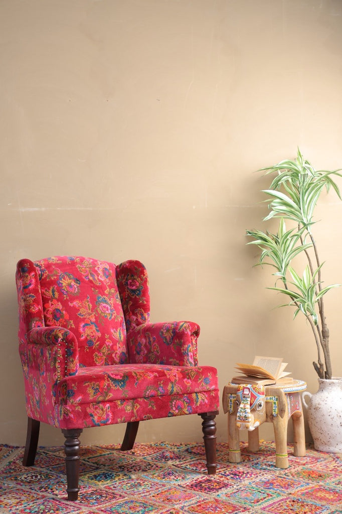 Red Valley of Flowers Embroidered Velvet Armchair