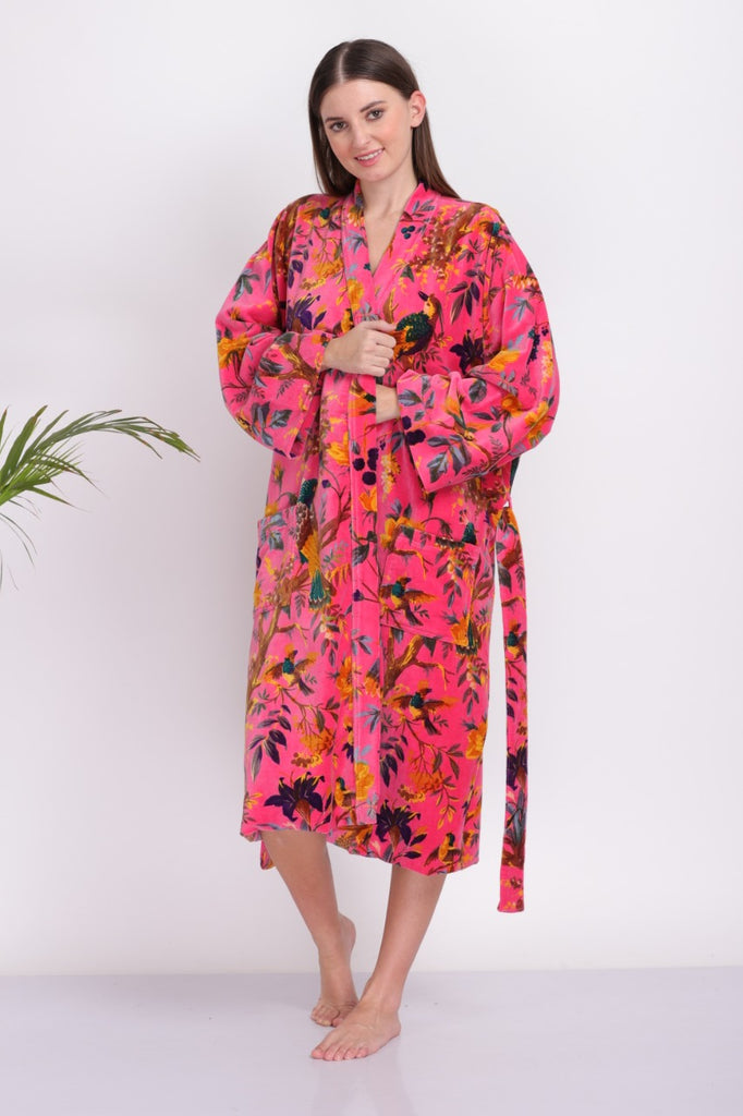Pink Cotton Velvet Kimono Dressing Gown