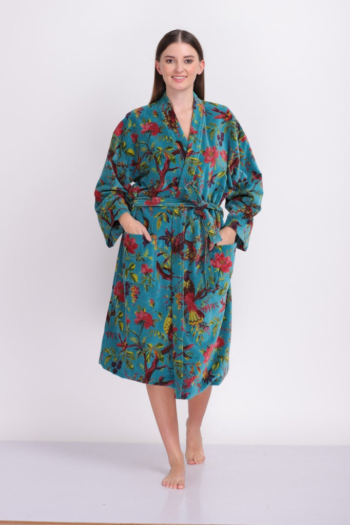 Blue Cotton Velvet Kimono Dressing Gown