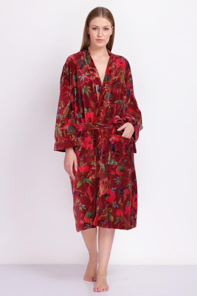 Red Cotton Velvet Kimono Dressing Gown