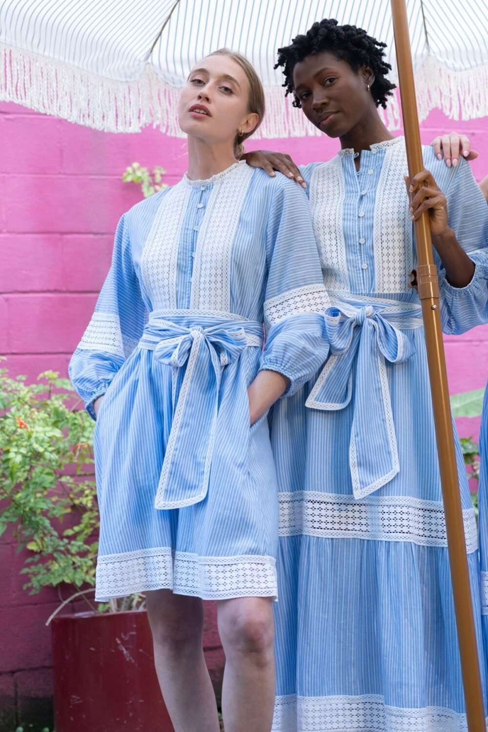 SUE SARTOR Flounce Shorty | Blue/White Pinstripe Trellis Lace